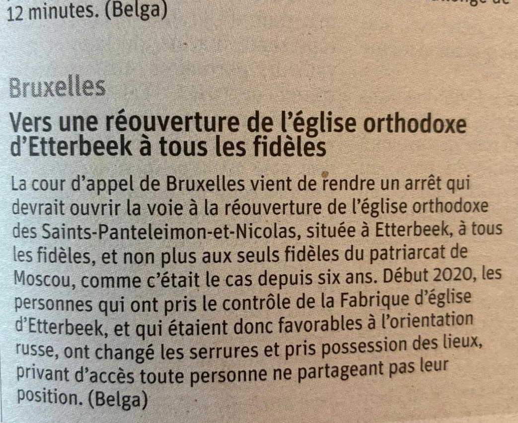 Résumé lalibre.be Vers une réouverture de l|église orthodoxe d|Etterbeek à tous les fidèles. 2026-06-25